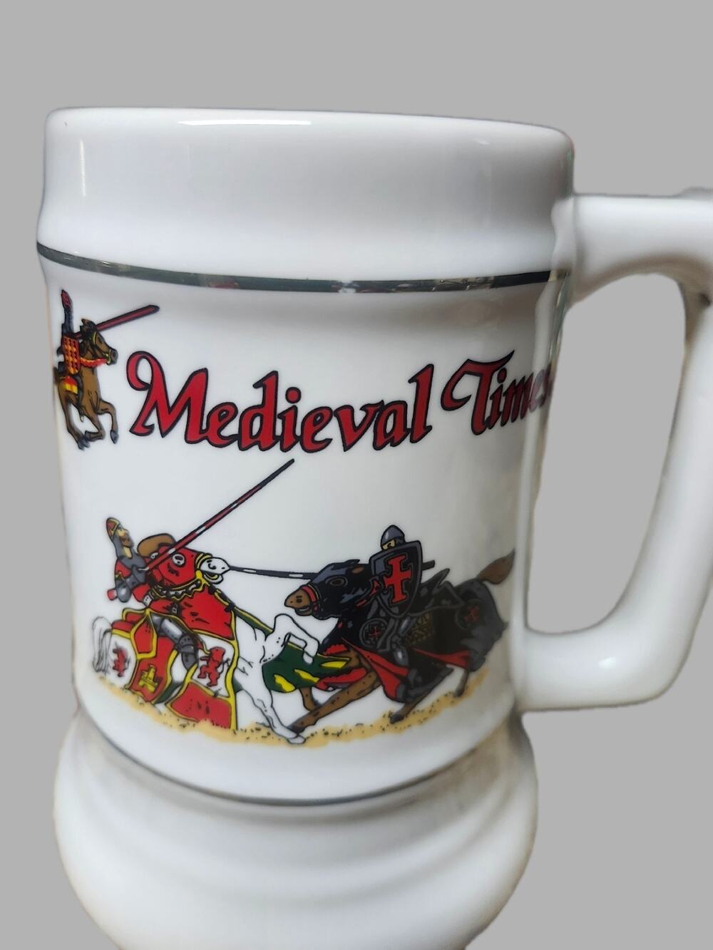 Vintage Medieval Times Souvenir Ceramic Beer Stein Mug - Knight Jousting Design